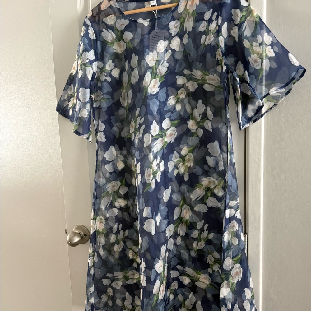Sheer Blue Floral Dress NWT Flare Sleeves Spring